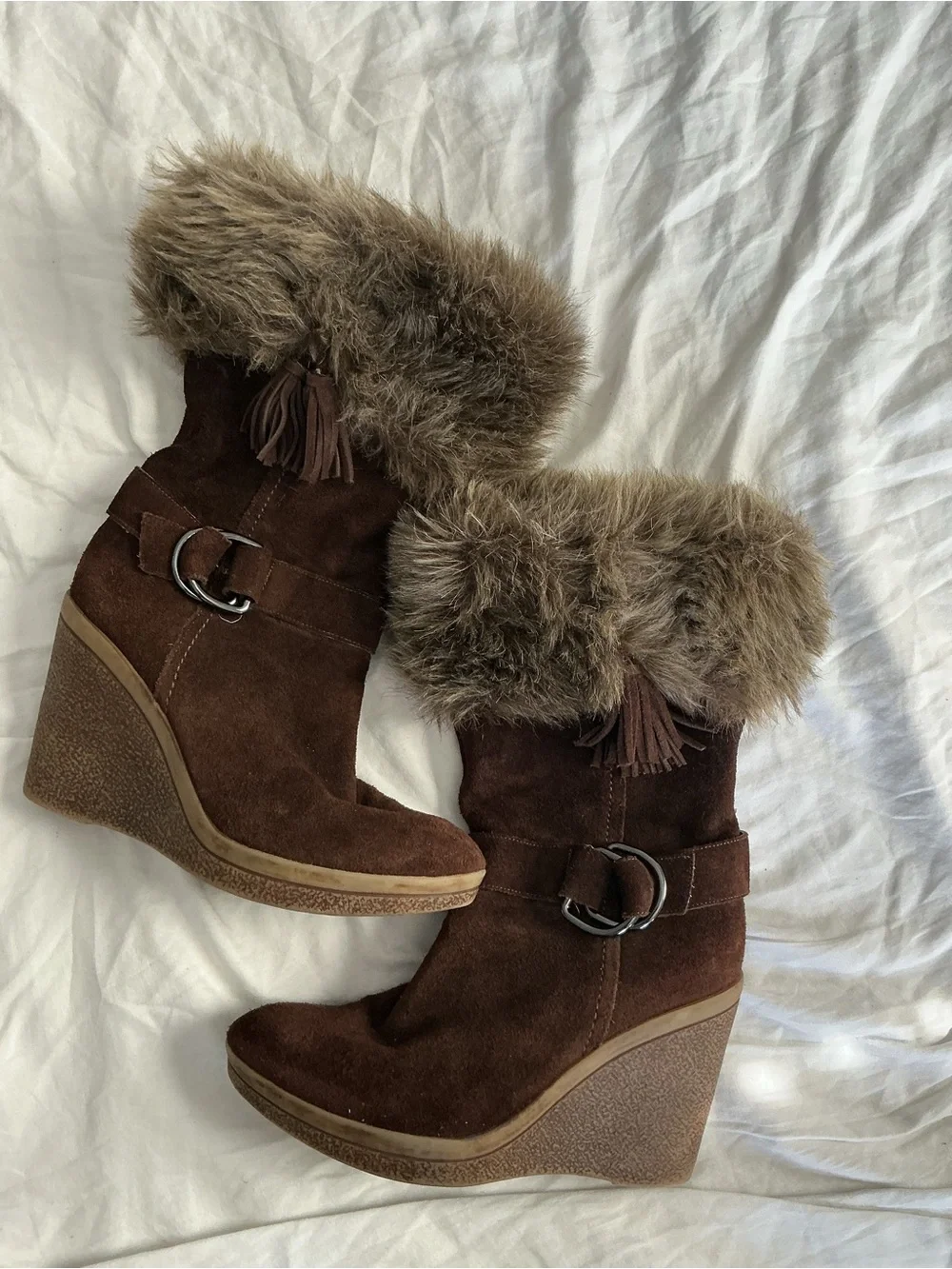 Marc Fisher Brown Faux Fur Suede Wedge Booties
